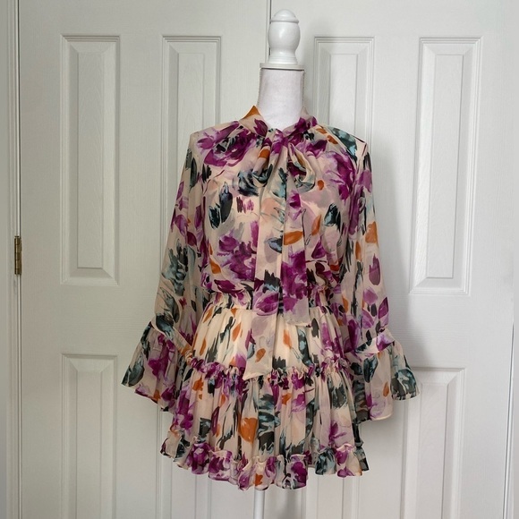 Misa- Multicolored Large Floral Longsleeve Mini Ruffle Dress with Neck Tie - Picture 2 of 10